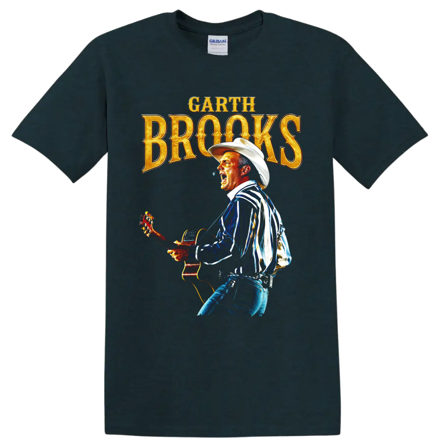 Garth Brooks singer with acoustic guitar, cowboy hat, and gold concert lettering on a Midnight (Green) T Shirt