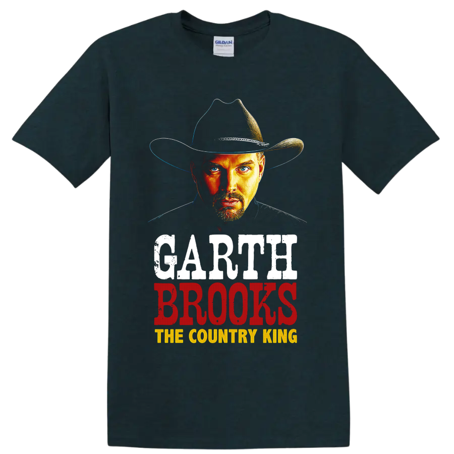 Garth Brooks cowboy hat portrait with distressed The Country King lettering on a Midnight (Green) T Shirt