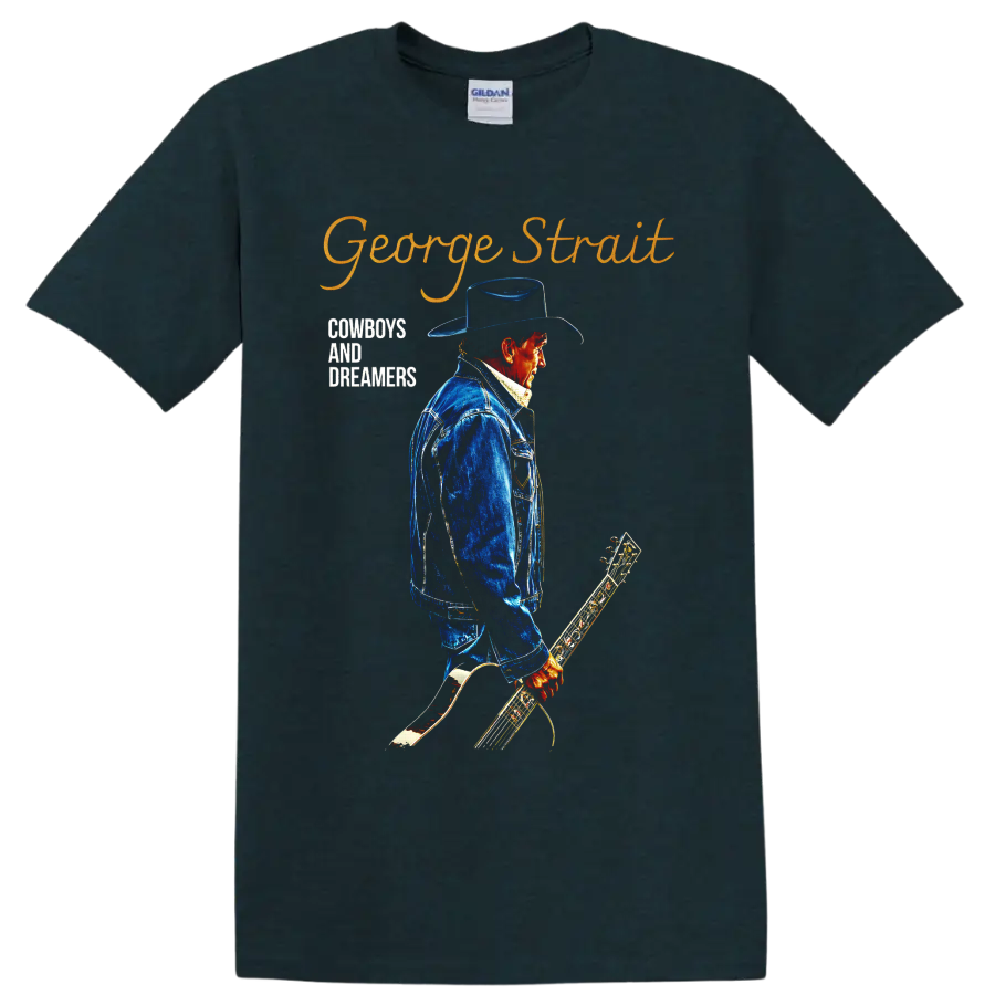 George Strait cowboy portrait with guitar and Cowboys and Dreamers western lettering on a Midnight (Green) T Shirt