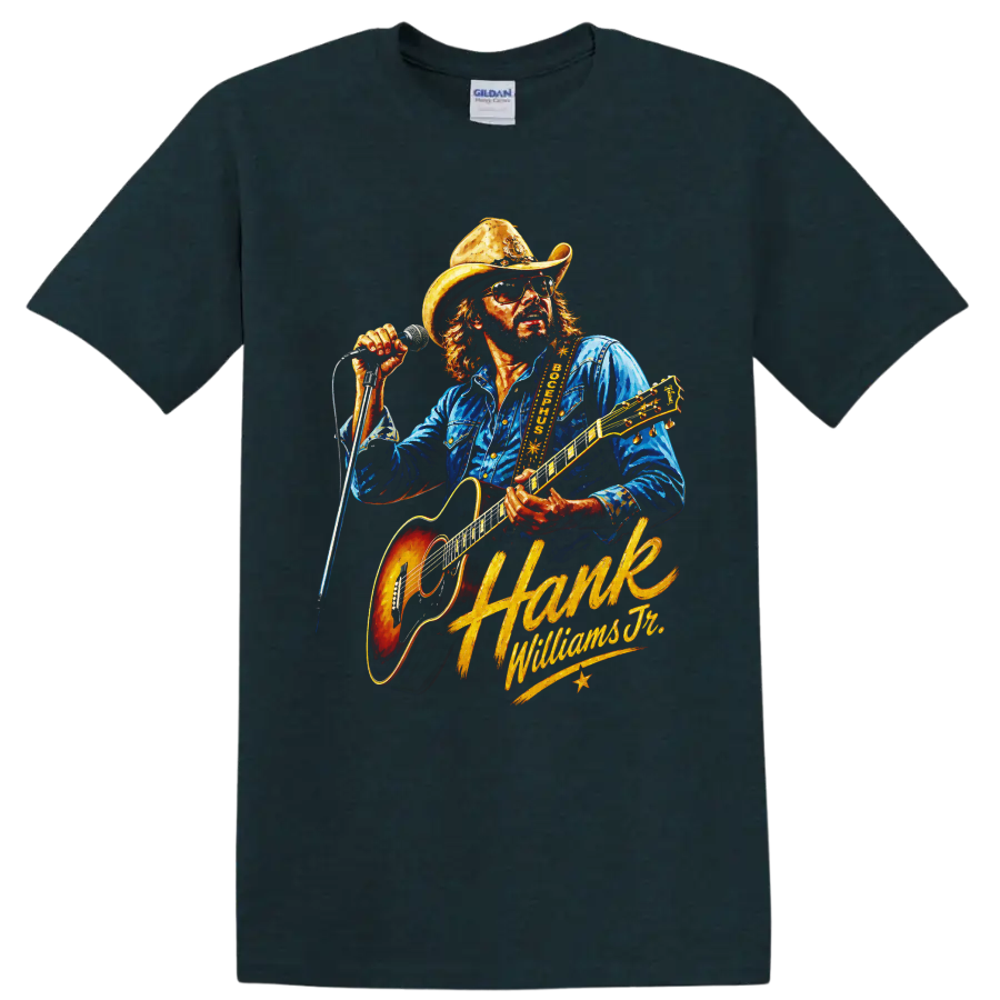 Hank Williams Jr. country guitar performance illustration with cowboy hat and microphone on a Midnight (Green) T Shirt