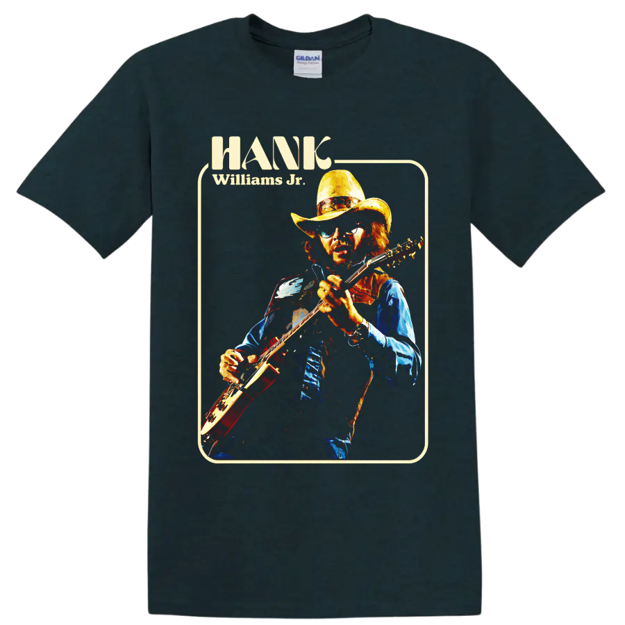 Hank Williams Jr retro portrait playing electric guitar in cowboy hat and sunglasses on a Midnight (Green) T Shirt
