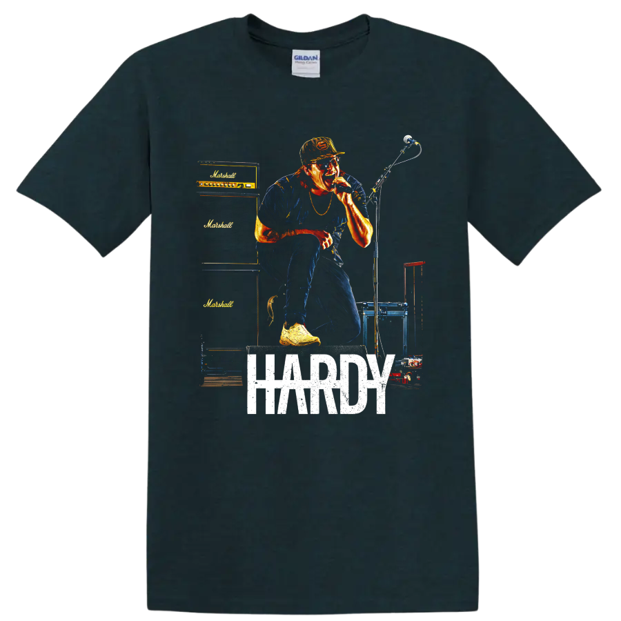 HARDY live concert singer graphic with microphone, amplifiers, and distressed lettering on a Midnight (Green) T Shirt