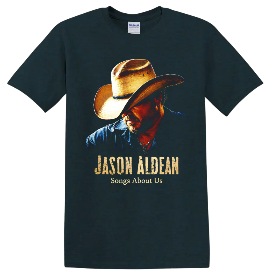 Jason Aldean cowboy hat portrait with Songs About Us distressed country music text on a Midnight (Green) T Shirt
