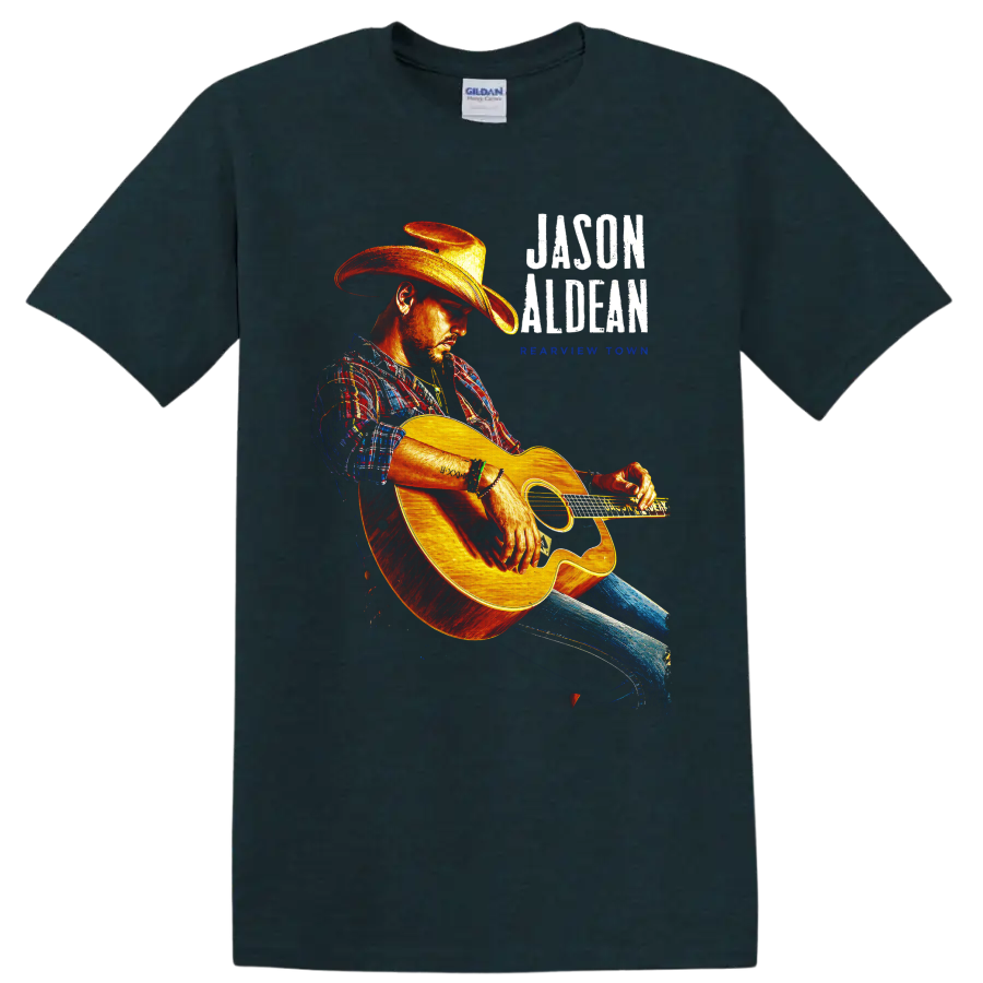 Jason Aldean Hicktown distressed concert graphic with cowboy-hatted acoustic guitarist on a Midnight (Green) T Shirt