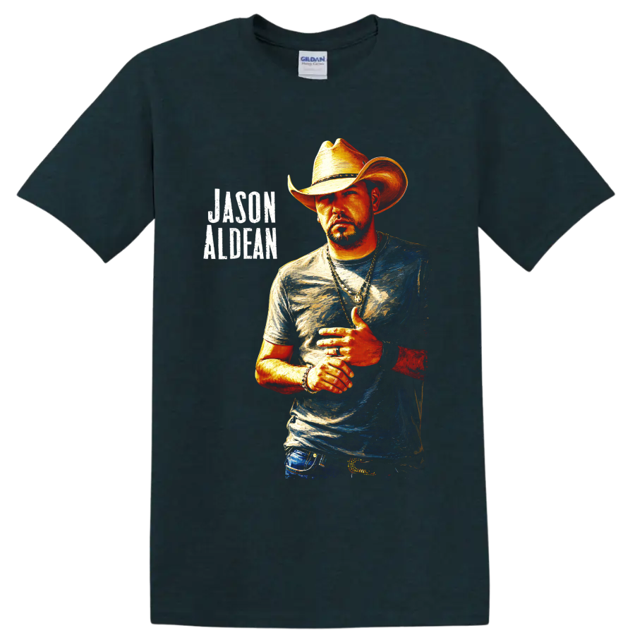 Jason Aldean cowboy hat portrait in vivid painted style with distressed name lettering on a Midnight (Green) T Shirt