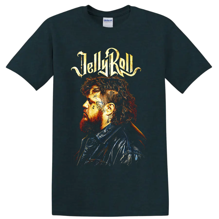 Jelly Roll side-profile portrait with tattoo details and fiery painted lettering on a Midnight (Green) T Shirt