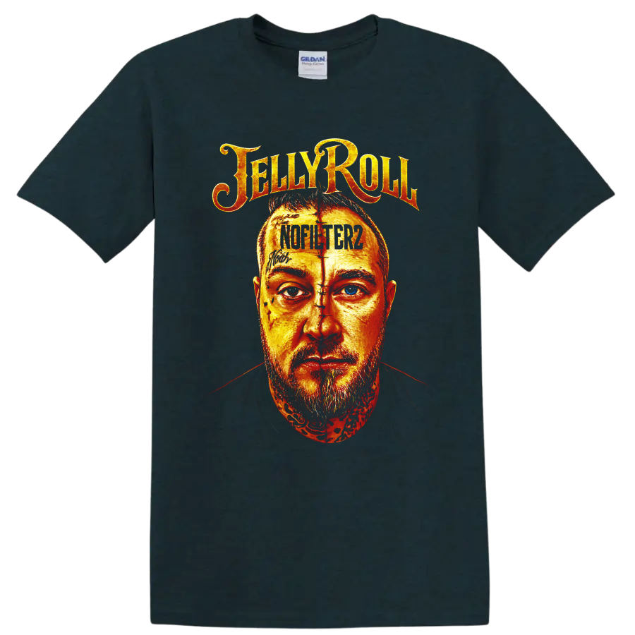 Fiery illustrated Jelly Roll portrait with distressed lettering and Not Like Us text on a Midnight (Green) T Shirt