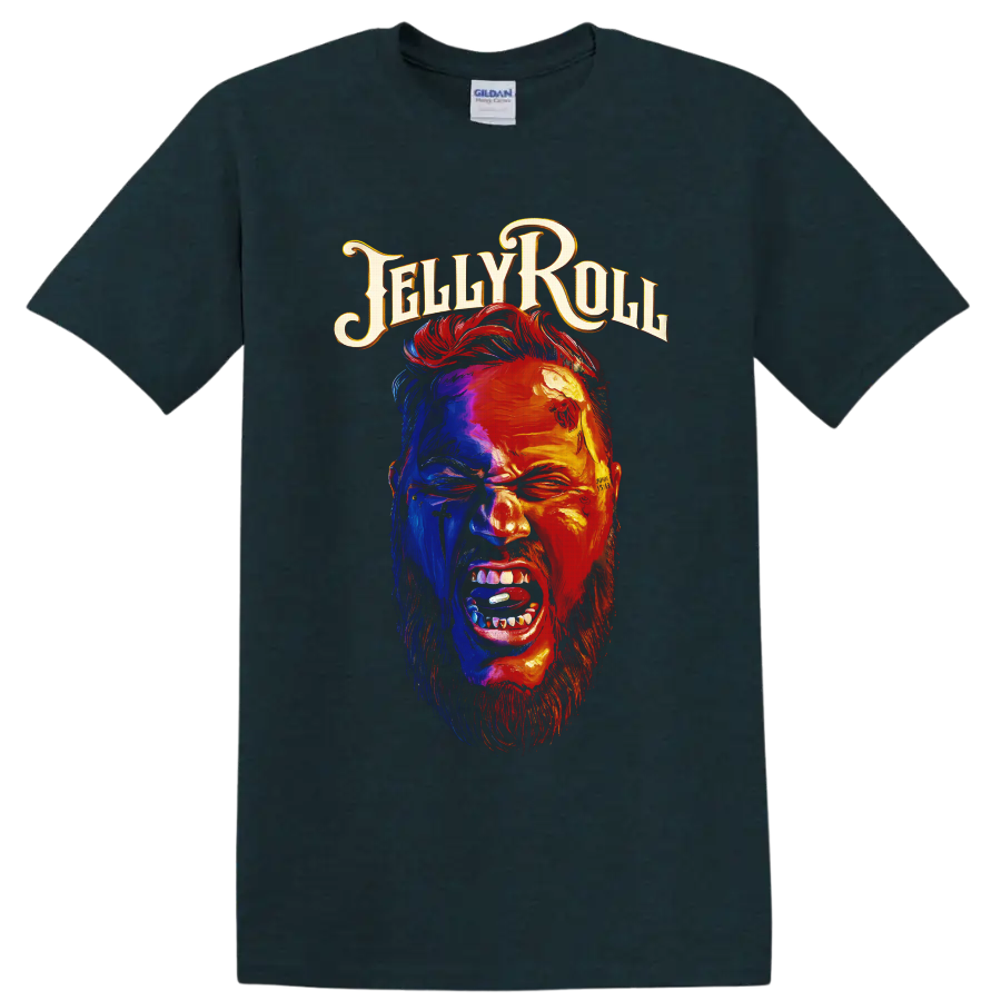 Jelly Roll tattooed portrait in vivid blue and fiery red with ornate Jelly Roll lettering on a Midnight (Green) T Shirt
