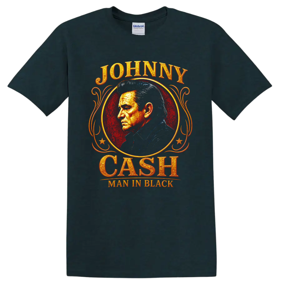 Johnny Cash Man in Black portrait with red medallion and ornate western lettering on a Midnight (Green) T Shirt