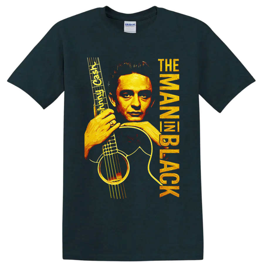 Johnny Cash painted guitar portrait with musical notes and distressed vertical lettering on a Midnight (Green) T Shirt