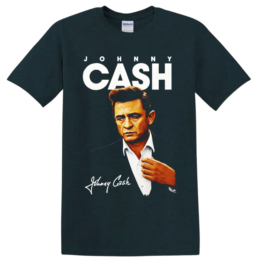 Johnny Cash painted portrait with distressed JOHNNY CASH lettering and signature-style on a Midnight (Green) T Shirt