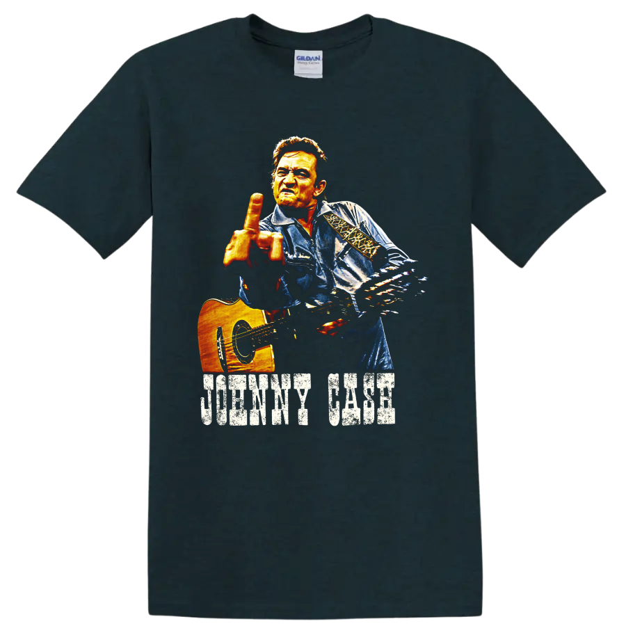 Johnny Cash painted guitar portrait with distressed name lettering on a Midnight (Green) T Shirt