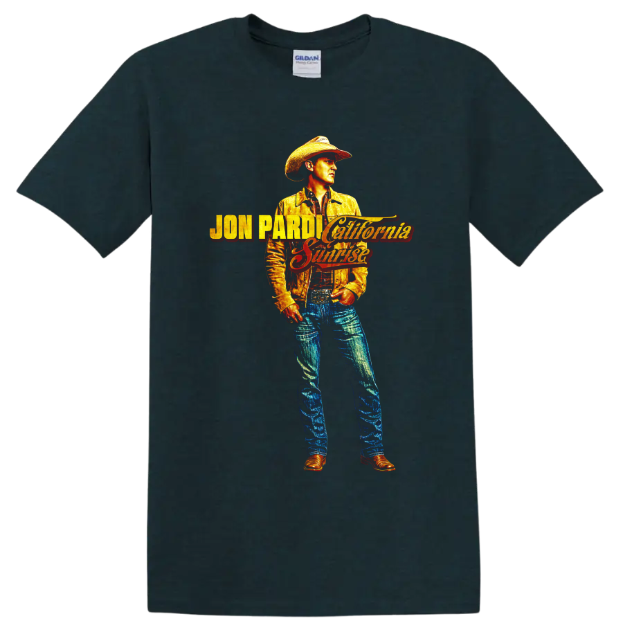 Jon Pardi California Sunrise cowboy portrait with retro western lettering on a Midnight (Green) T Shirt
