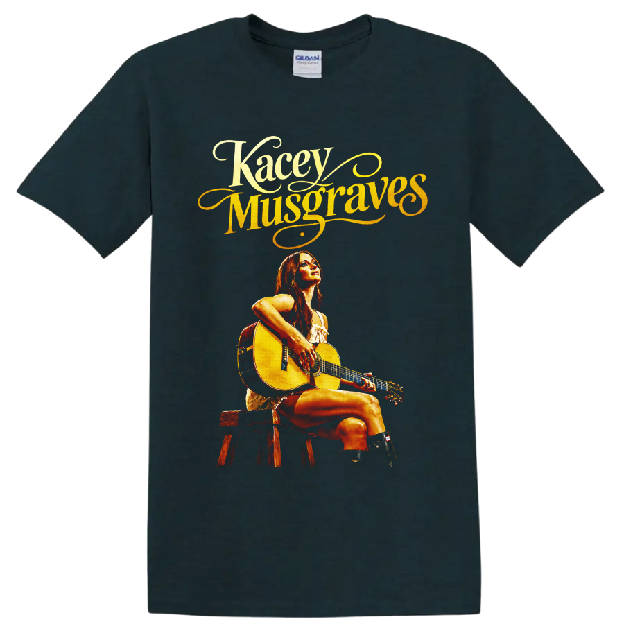 Kacey Musgraves seated with acoustic guitar beneath ornate script lettering on a Midnight (Green) T Shirt