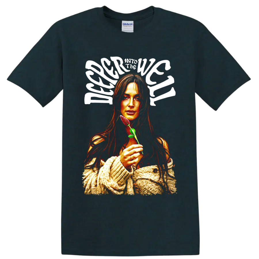 Kacey Musgraves retro portrait holding a pink flower with bold white lettering on a Midnight (Green) T Shirt