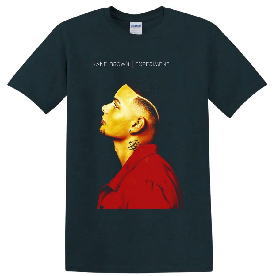 Kane Brown Experiment side-profile portrait in vivid red and gold tones on a Midnight (Green) T Shirt