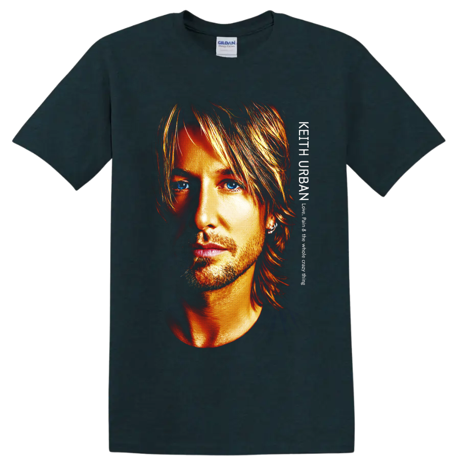 Keith Urban close-up portrait in fiery high-contrast art with striking blue eyes on a Midnight (Green) T Shirt