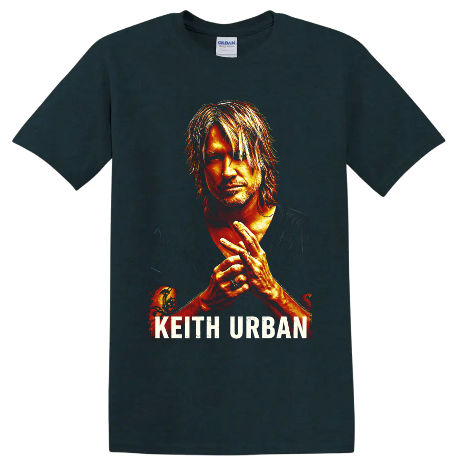 Fiery painted Keith Urban portrait with clasped hands and distressed KEITH URBAN text on a Midnight (Green) T Shirt