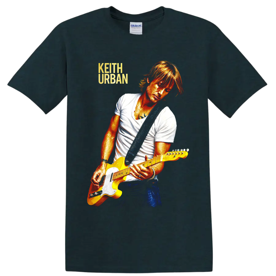 Keith Urban portrait playing yellow electric guitar in vivid concert art on a Midnight (Green) T Shirt