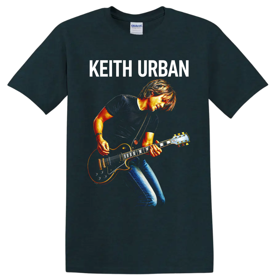 Keith Urban guitarist in vivid concert-poster style with electric guitar and name text on a Midnight (Green) T Shirt