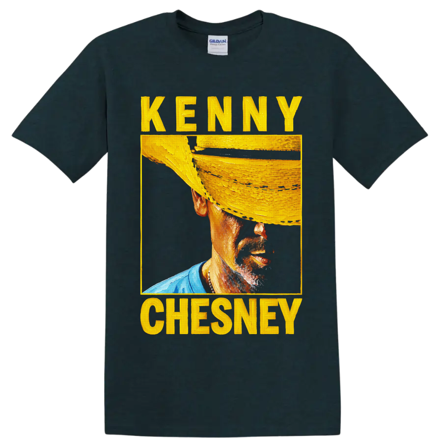 Kenny Chesney painterly cowboy hat portrait with bold yellow lettering on a Midnight (Green) T Shirt