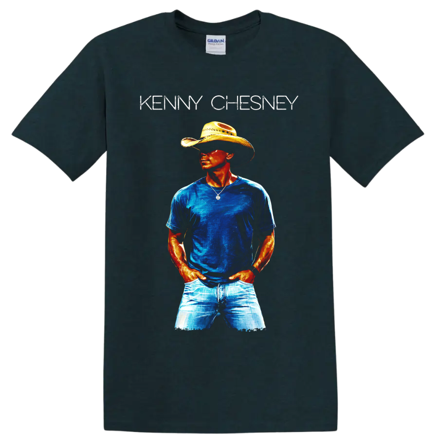 Kenny Chesney cowboy hat portrait in vivid blue and orange painterly country music art on a Midnight (Green) T Shirt