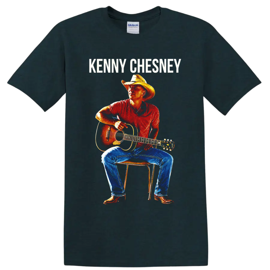 Kenny Chesney portrait with cowboy hat and acoustic guitar in vivid poster style on a Midnight (Green) T Shirt