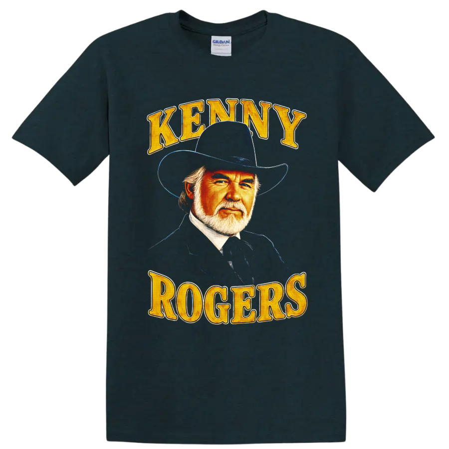 Kenny Rogers cowboy hat portrait with gold KENNY ROGERS lettering in vintage Western style on a Midnight (Green) T Shirt