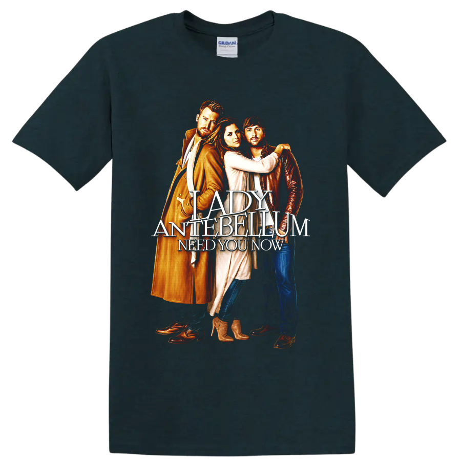 Lady Antebellum trio portrait with Need You Now layered country music lettering on a Midnight (Green) T Shirt