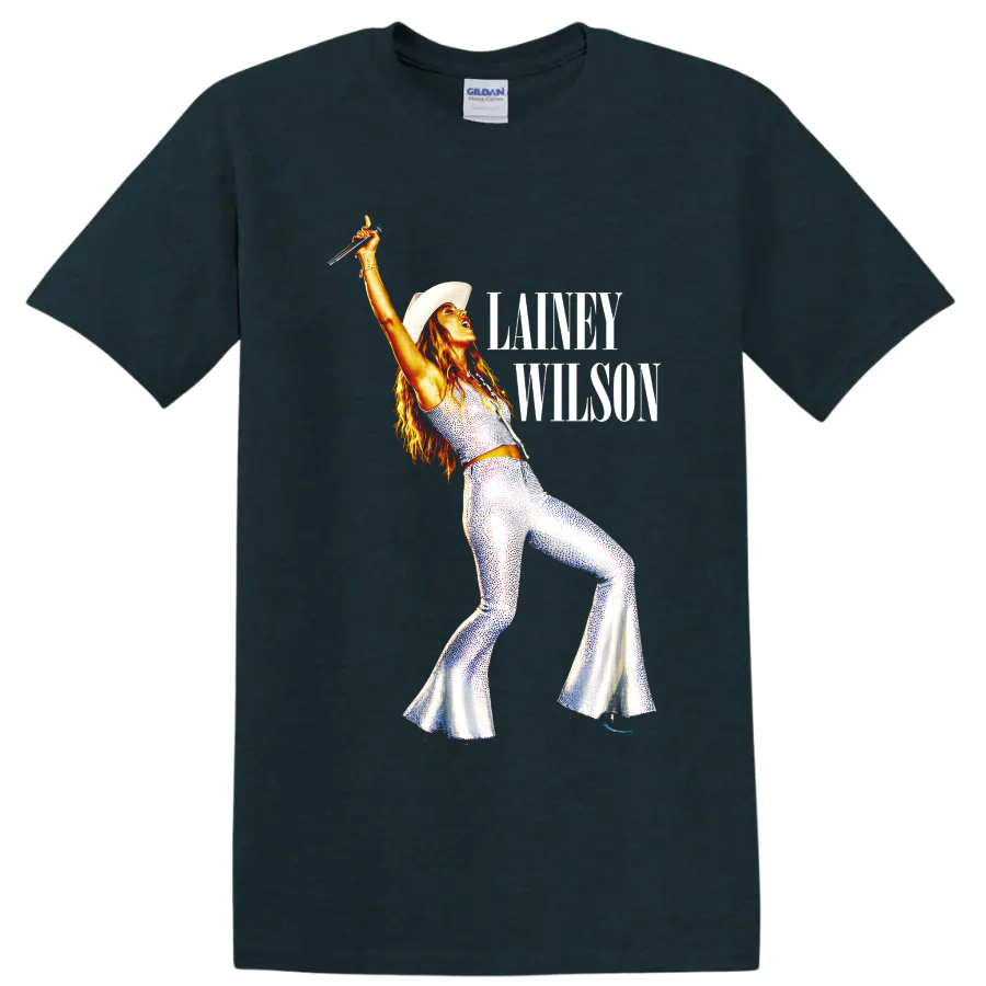 Lainey Wilson in cowboy hat and sparkling stagewear with raised microphone and text on a Midnight (Green) T Shirt