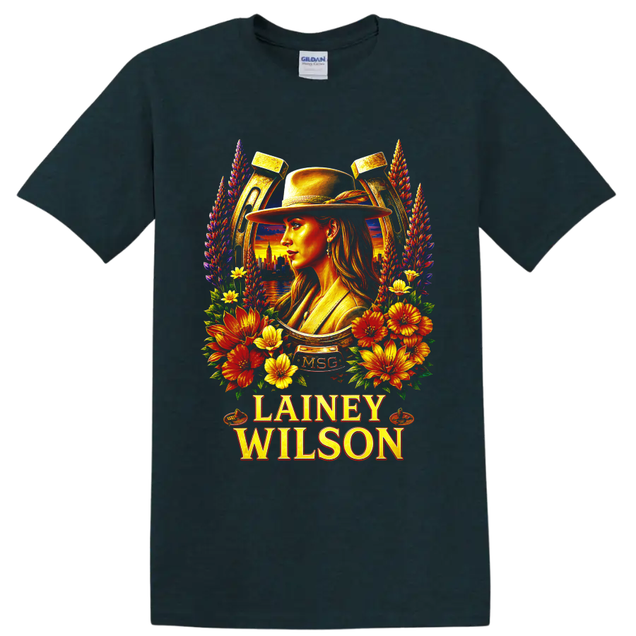 Lainey Wilson western hat portrait with floral horseshoe and sunset skyline on a Midnight (Green) T Shirt