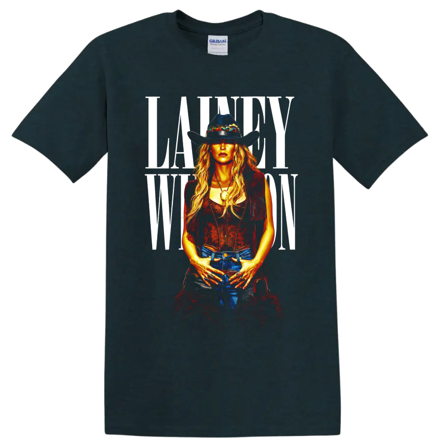Lainey Wilson western portrait in cowboy hat, fringe vest, and bold white lettering on a Midnight (Green) T Shirt