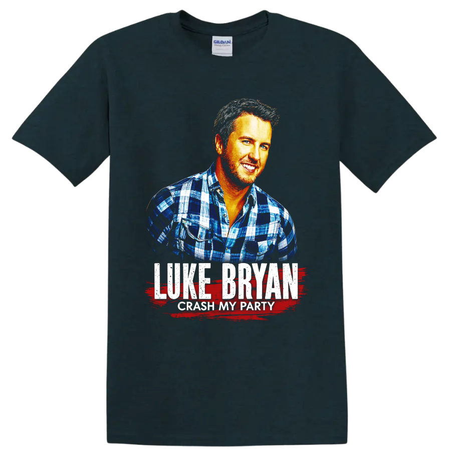 Luke Bryan Crash My Party portrait with distressed lettering and red brushstroke on a Midnight (Green) T Shirt