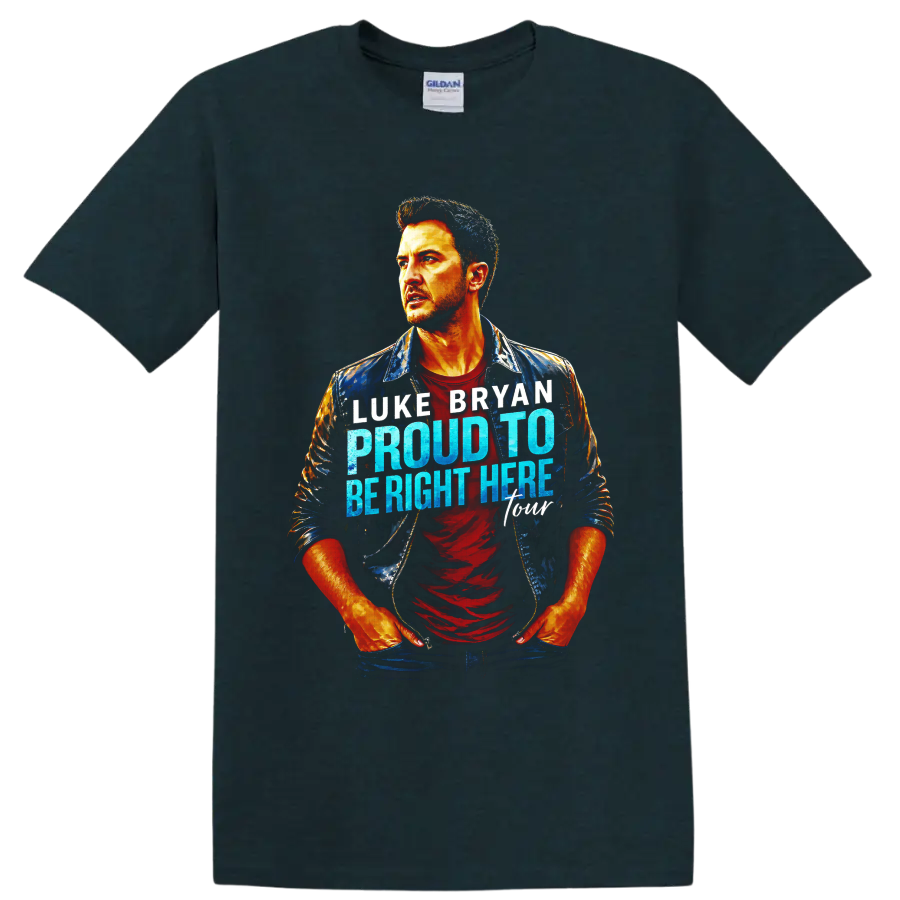 Luke Bryan painterly portrait with Proud To Be Right Here blue and white lettering on a Midnight (Green) T Shirt