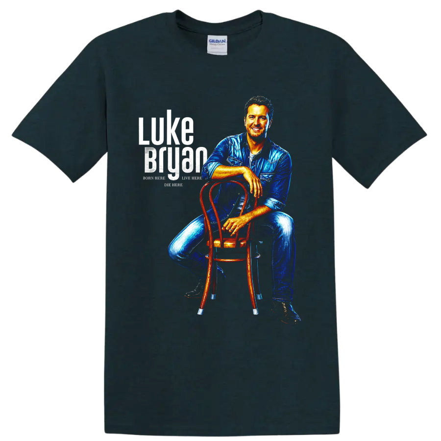 Luke Bryan portrait in blue denim seated on a wooden chair with distressed lettering on a Midnight (Green) T Shirt