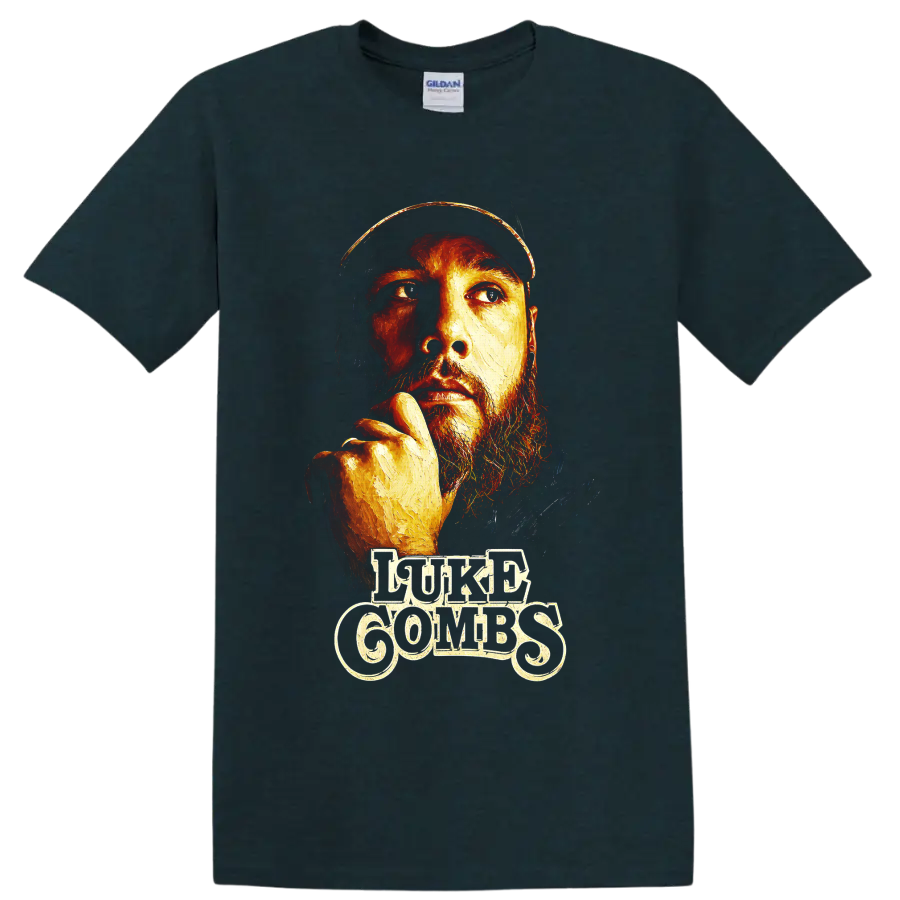 Luke Combs painted portrait with fiery split lighting and decorative lettering on a Midnight (Green) T Shirt