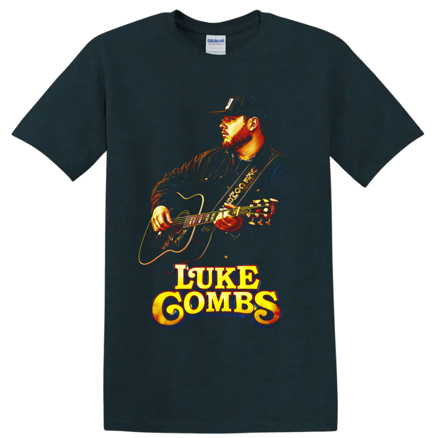 Luke Combs playing acoustic guitar in vivid vintage concert-poster style on a Midnight (Green) T Shirt