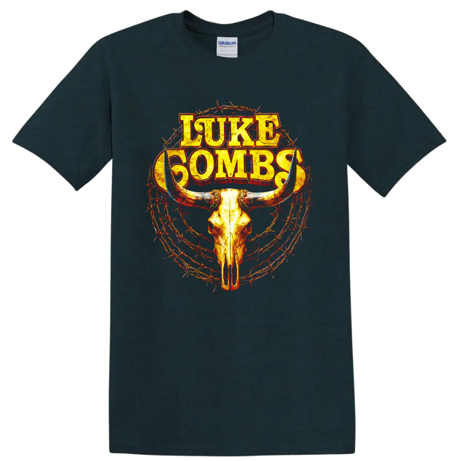 Luke Combs distressed lettering with longhorn skull and barbed wire western graphic on a Midnight (Green) T Shirt