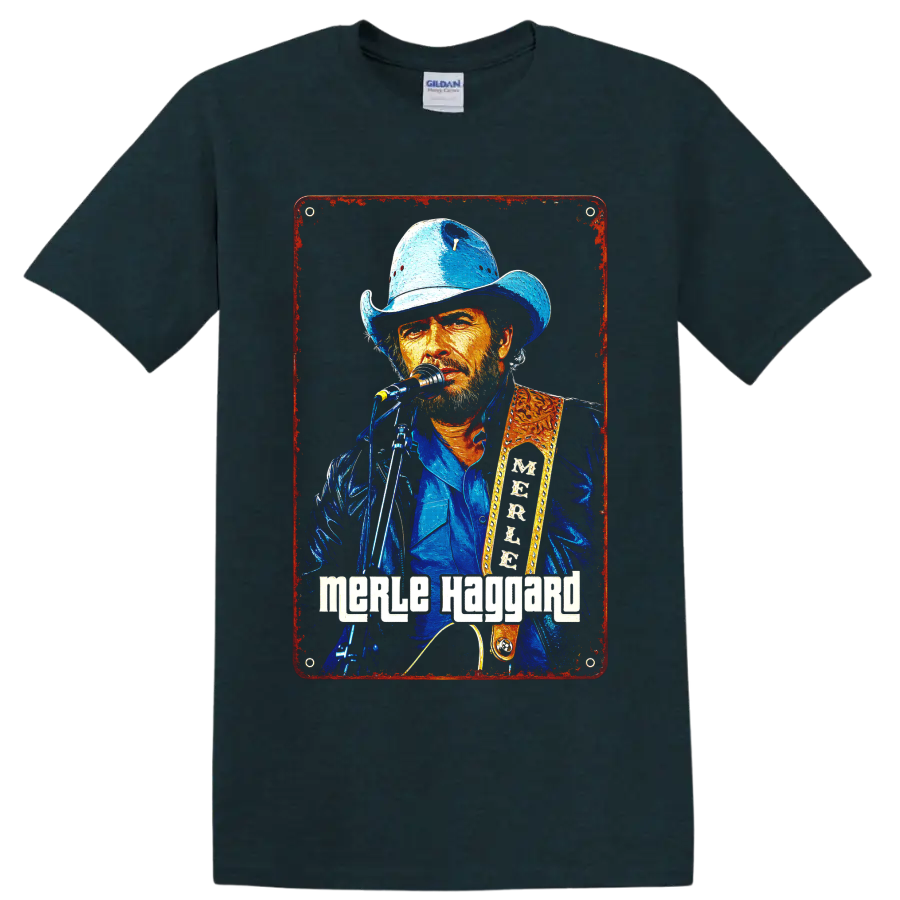 Merle Haggard painted cowboy-hat performance portrait with microphone and guitar on a Midnight (Green) T Shirt