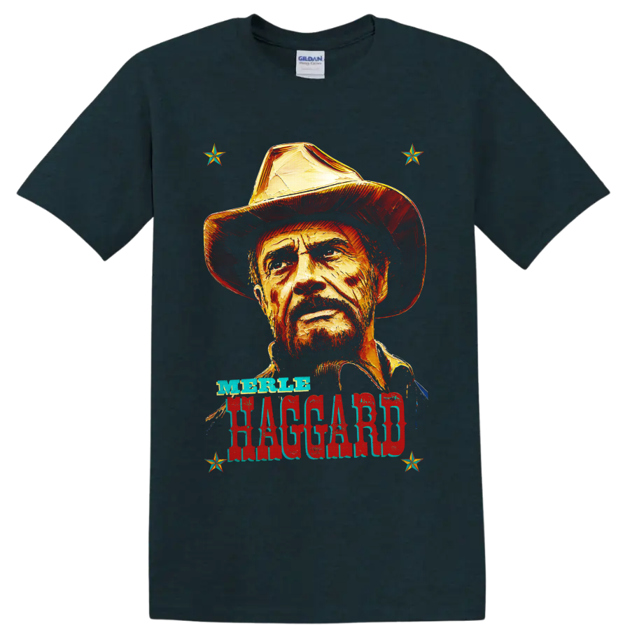 Merle Haggard cowboy hat portrait with distressed western lettering and stars on a Midnight (Green) T Shirt