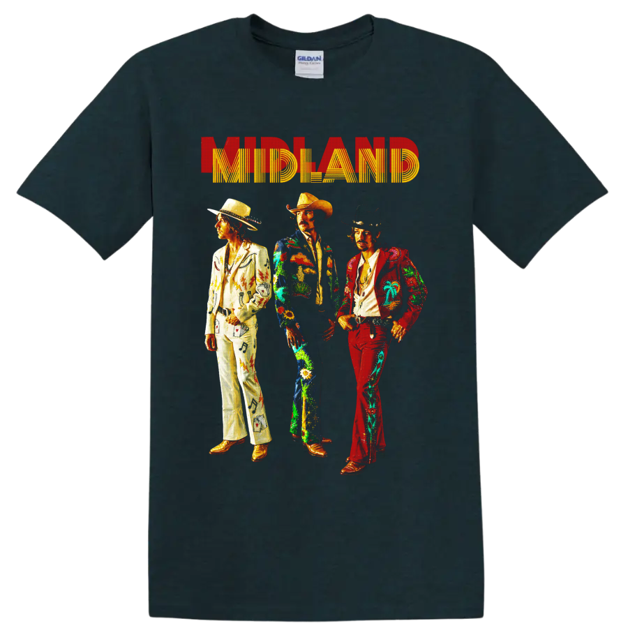 Midland country trio in colorful western suits beneath retro MIDLAND lettering on a Midnight (Green) T Shirt