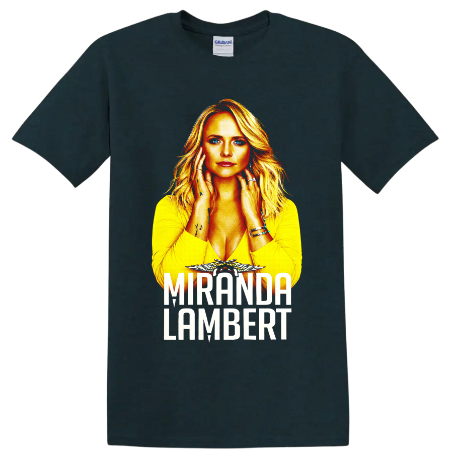 Miranda Lambert portrait with fiery gold artwork, winged accent, and bold name lettering on a Midnight (Green) T Shirt