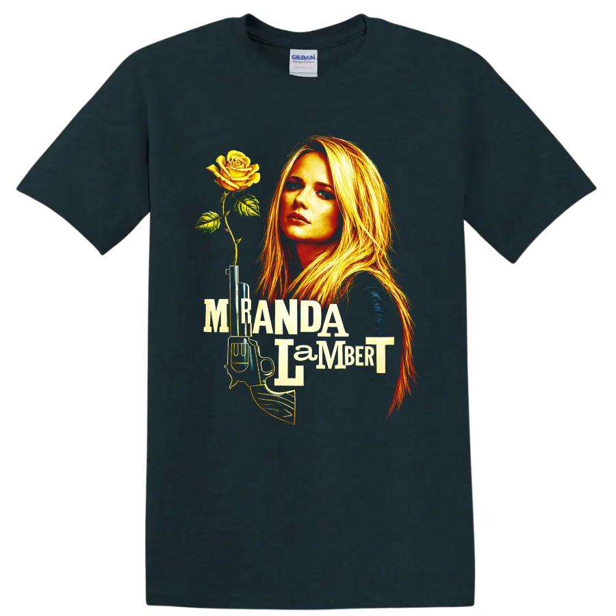 Miranda Lambert portrait with yellow rose, vintage microphone, and bold layered lettering on a Midnight (Green) T Shirt