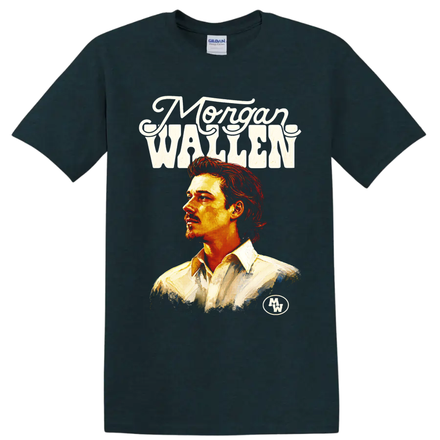 Morgan Wallen painted portrait with western lettering and fiery country music art on a Midnight (Green) T Shirt