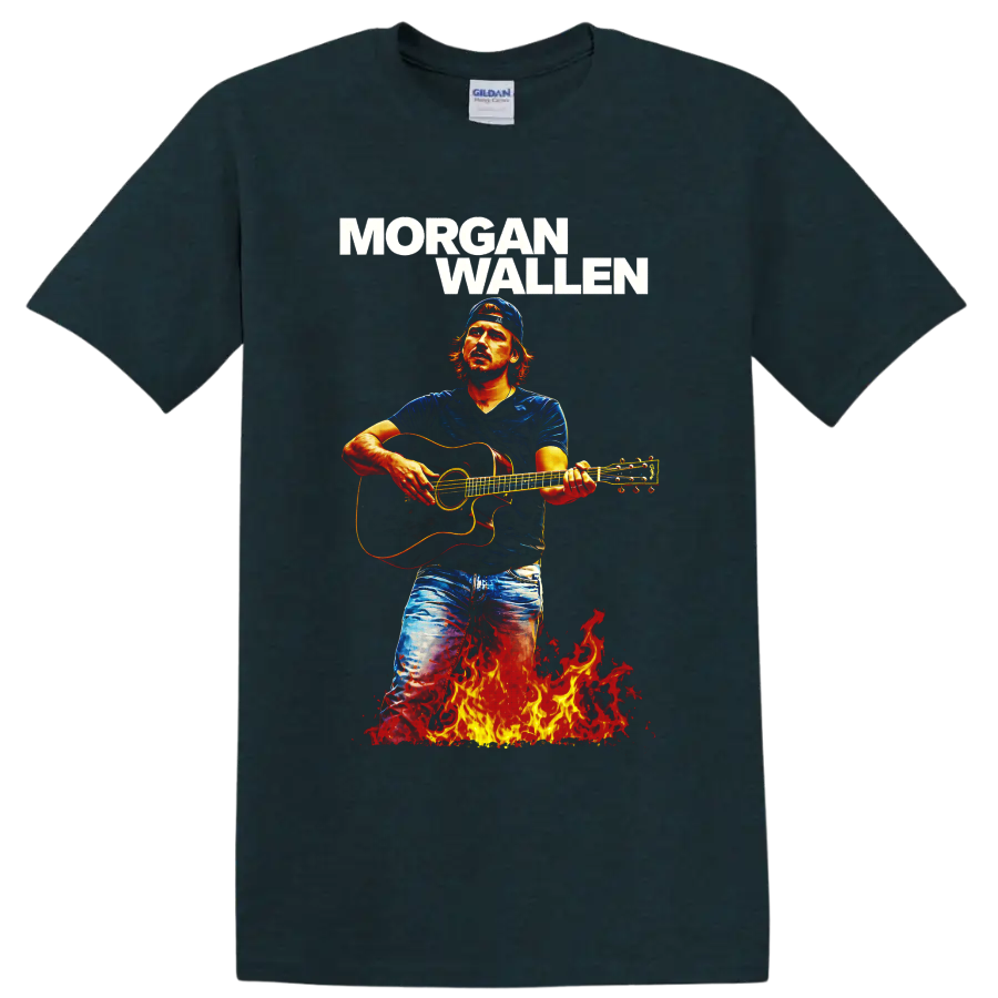 Morgan Wallen guitar player illustration with bold name text and fiery flames on a Midnight (Green) T Shirt