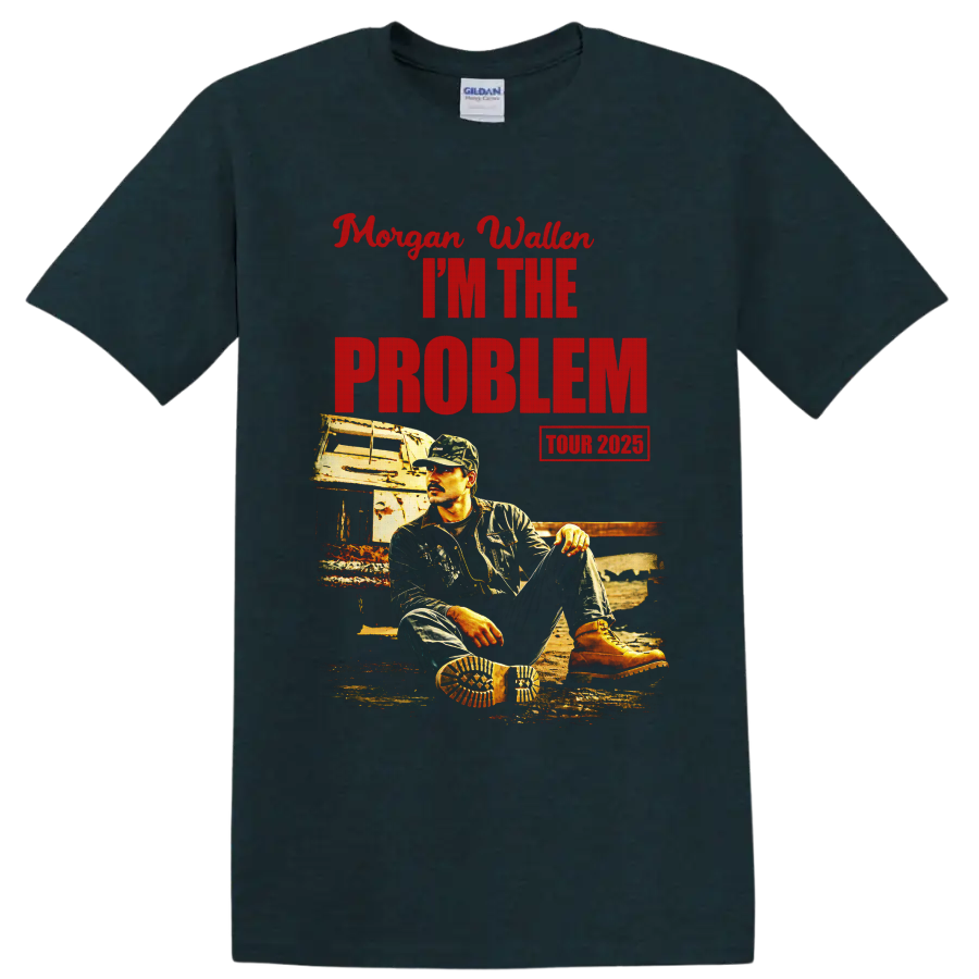 Morgan Wallen I'm The Problem Tour 2025 distressed portrait and trailer graphic on a Midnight (Green) T Shirt