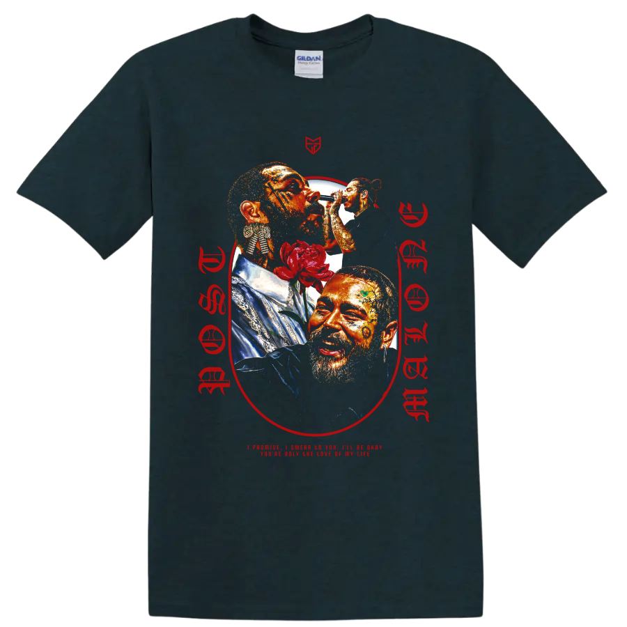 Post Malone tattooed portrait collage with red rose and microphone performance on a Midnight (Green) T Shirt