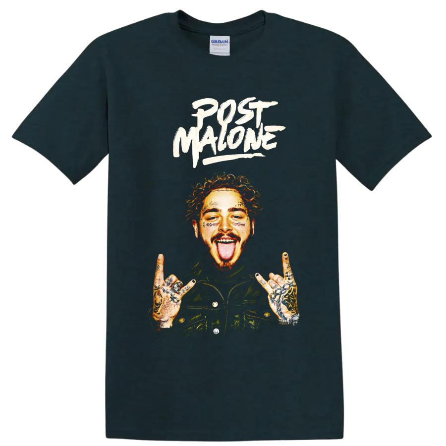 Post Malone portrait with tattooed hands and bold brush lettering on a Midnight (Green) T Shirt