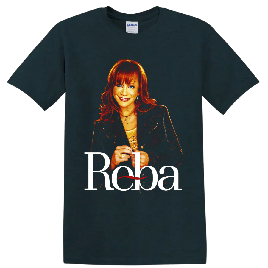 Reba McEntire portrait with red hair, sparkling jacket, and large Reba lettering on a Midnight (Green) T Shirt