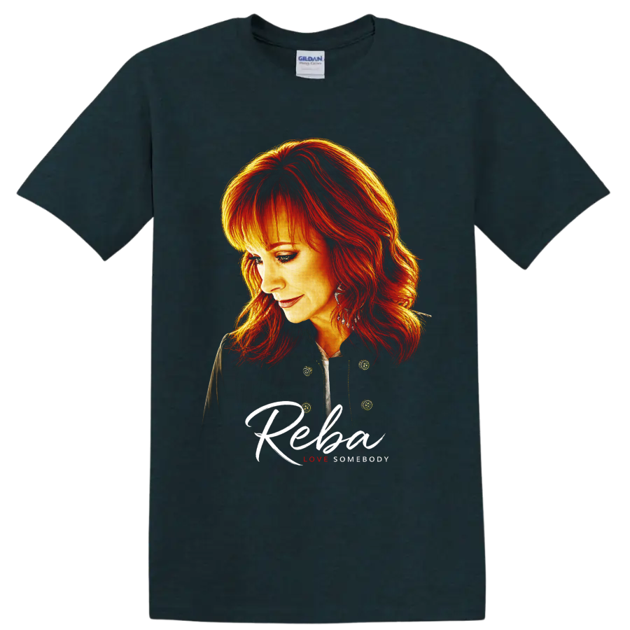 Reba McEntire fiery red hair portrait with script Reba and Love Somebody text on a Midnight (Green) T Shirt
